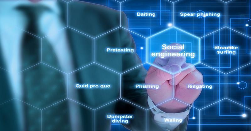 A figure in a suit with an obscured face makes a fist labeled ‘Social engineering.’ Surrounding hexagons show techniques like phishing, pretexting, baiting, and more, against a blue digital matrix background