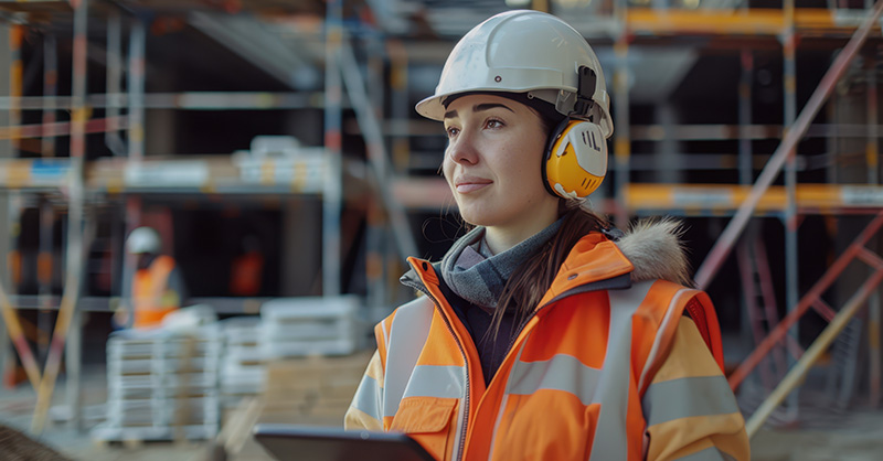 Construction Worker with Safety Headphones On