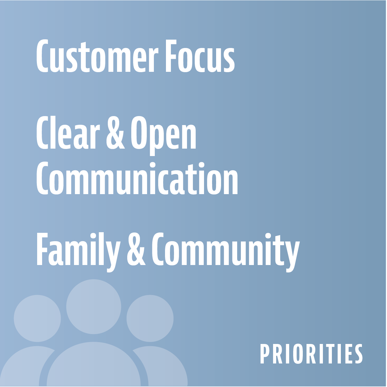 Customer Focus, Clear & Open Communication, Family & Community