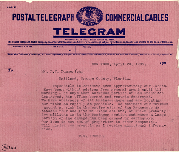 Kremer Telegram on San Francisco Disaster Company Cost