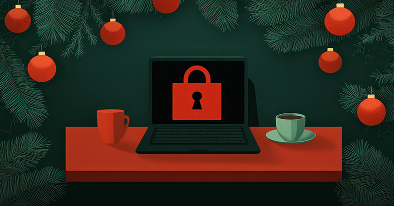 A computer with a lock logo on a red desk surrounded by ornaments.