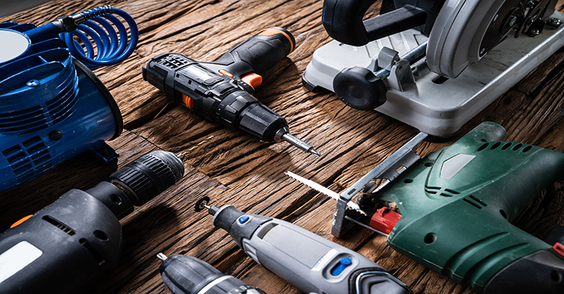 Power tools sitting on a table