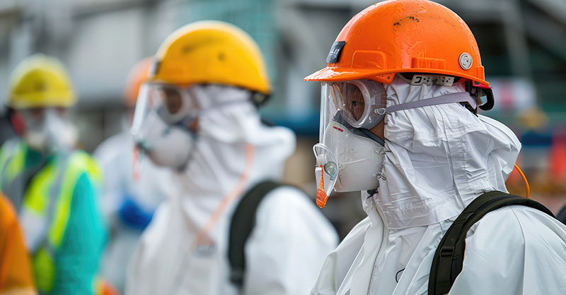 A construction worker wearing protective gear to comply with their company's respiratory protection program