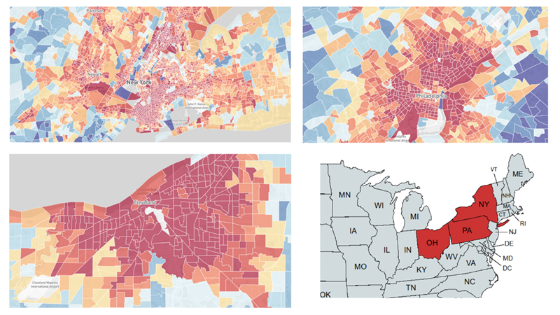 maps of New York City, Philadelphia, Northeast US and Cleveland