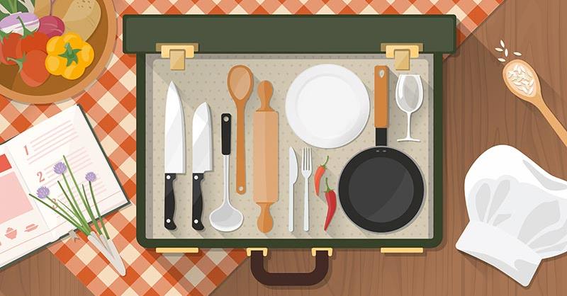 Illustration of picnic table with an open suitcase of cooking materials